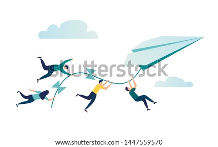 Vector illustration, achievement concept, a company of people holding on to a thread from a paper plane, move towards the goal