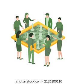 Vector Illustration of Achieving goals business strategy for win concept. Business strategy, Isometric businessmen and women playing chess game reaching to plan strategy for success. Flat design