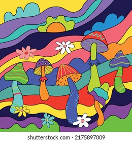 Vector illustration of acid trippy mushrooms. Psychedelic hippy landscape illustration with trippy vibrant mushrooms. 1970s vibes poster