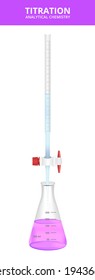 Ilustración vectorial de la titulación ácido-base o análisis volumétrico. Método cuantitativo de química analítica para determinar la concentración de una sustancia. Burette, el matraz de Erlenmeyer aislado en blanco.