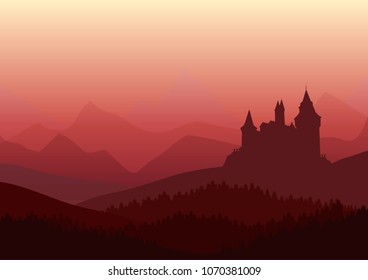 vector illustration of acient castle in the misty mountains landscape