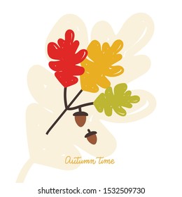 Vector illustration with acorn, falling oak leaves, autumn floral elements. Fall season. Autumn sign with acorns, leaves and branches