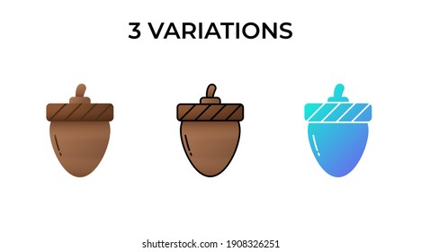 Vector illustration of acorn icon. Simple acorn. 3 variations flat, lineal color, gradient