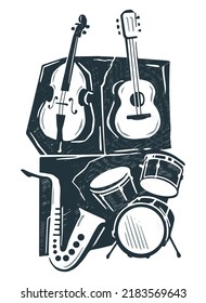 Vector illustration with acoustic guitar double bass saxophone and drums. Poster for jazz concert