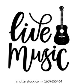 Vector illustration with acoustic guitar, grunge dots and lettering words. Live Music. Festival and concert show flyer design template, typography poster with musical instrument and calligraphy text