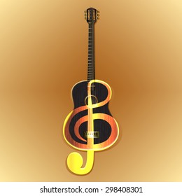 vector illustration of an acoustic guitar with the image of a treble clef on wooden background color
