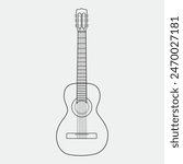 Vector illustration of acoustic guitar line art. Musical instruments graphic art for doodle, tattoo, clipart and coloring book for kid and adult. Smooth outline of guitar logo for illustration