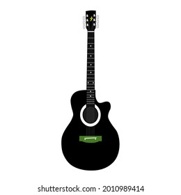 ilustración vectorial de una guitarra acústica hecha de madera con un cuerpo de guitarra negra, placa fretboard de hierro negro, frets de plata ligera con 6 cuerdas de alambre de plata.