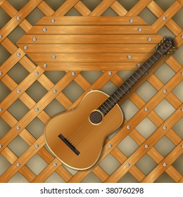 Vector illustration of an acoustic guitar on a background of wooden planks and plank of wood.