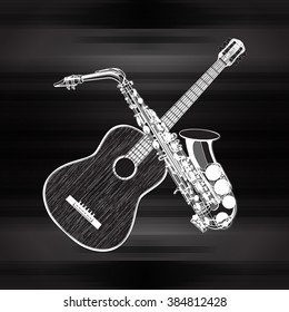 Vector illustration of an acoustic guitar and saxophone in a monochrome version