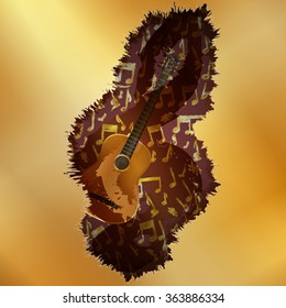 Vector illustration of an acoustic guitar with a treble clef shadow seen through a golden plane with gold musical notes.