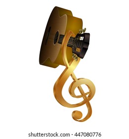 Vector illustration of an acoustic guitar and a treble clef on the fretboard. Isolated object on a white background can be used with any text or image.