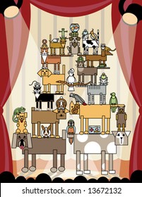 Vector illustration of acrobatic animals performing on stage. Individual pets are grouped. The stage lights transparency effects are AI v.8-compatible.