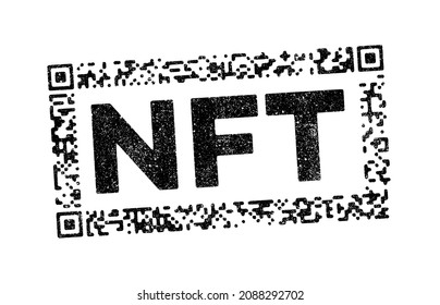 Vector illustration of the acronym NFT (Non-Fungible Token) in black ink stamp with an QR Code frame