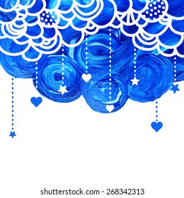 Vector illustration with acrylic paints. Abstract vector background with cloud, stars and hearts