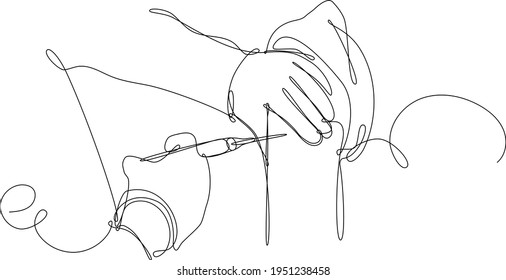 Vector illustration of the act of vaccination: hands of the doctor administering a dose of Covid-19 vaccine with a syringe into the muscle of the arm. Concept of Covid-19 pandemic spread prevention, 