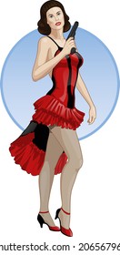 Vector illustration in action comics cartoon style Caucasian woman poses red and black retro dress with a gun