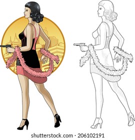 Vector illustration in action comics style asian woman poses dressed in black and pink retro dress with a gun