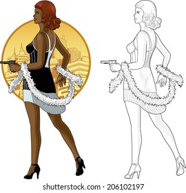 Vector illustration in action comics style afroamerican woman poses dressed in black and white retro dress with a gun