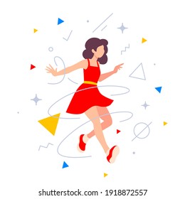 Vector illustration of active beautiful woman in red dress, flat style design