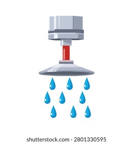 Vector illustration of an active ceiling fire sprinkler head spraying water drops, isolated on a white background.