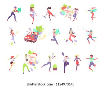 Vector illustration of active eco lifestyle people set. Dynamic flat colorful illustration. Gardening, farming, healthy, active eco life related.