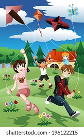A vector illustration of active kids flying kite in the park