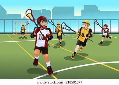 A Vector Illustration Of Active Kids Playing Lacrosse