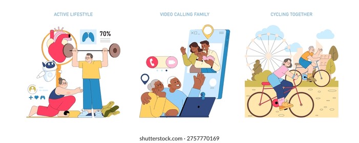 Vector illustration of active lifestyles featuring exercise, video calls, and cycling activities. Depicts family interactions through a video call and a couple enjoying a bike ride.