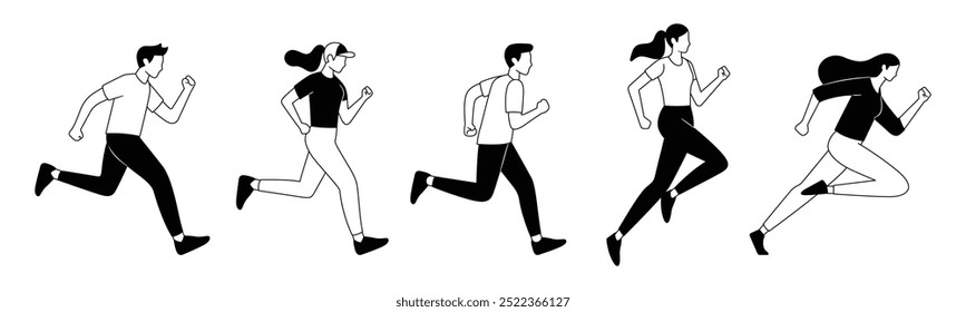 Ilustración vectorial de correr masculino y femenino activo con estilo de diseño de línea de moda