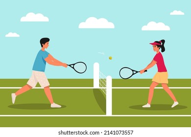 Vector illustration of an active man and woman playing tennis on a court. Vector illustration. Vector illustration