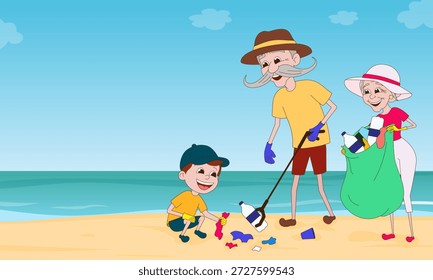 Ilustração vetorial do casal de idosos ativo e do neto deles limpando a praia do mar do lixo. Vovô usando uma ferramenta de coleta de lixo, avó segurando uma bolsa. Família se voluntariando para a conservação marinha e limpeza do oceano. Educação ambiental e conceito de sustentabilidade