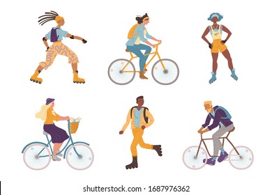 Vector illustration of active sports young people set.Woman and man ride bicycle and roller skate. Crowd of citizens training, choosing active and healthy lifestyle outdoor. Flat character design 