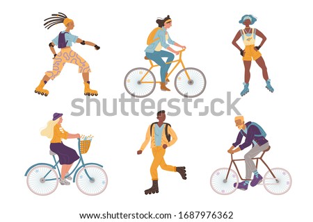 Vector illustration of active sports young people set.Woman and man ride bicycle and roller skate. Crowd of citizens training, choosing active and healthy lifestyle outdoor. Flat character design 