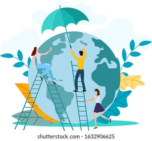 Vector illustration .Activists protect the earth from radiation.The concept of fighting for the ozone layer being destroyed.