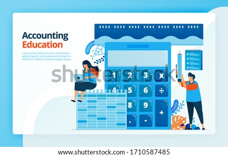 Vector illustration of activities from accounting and measurement education. Calculator for calculation. Ruler to measure finances. Bookkeeping learning. Designed for landing pages, web, mobile apps