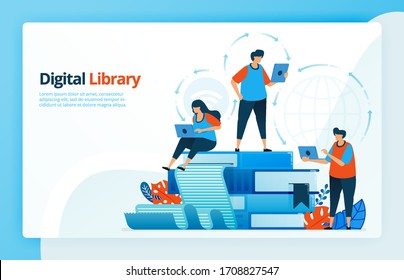 Vector illustration of activities from distance learning and digital libraries. Education 4.0, students learn from home. E-learning and e-library. Designed for landing pages, web, mobile apps, poster