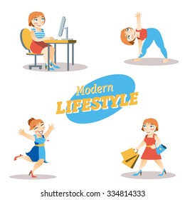 Vector Illustration of activities. Lifestyle of modern city woman. At work, on the dance floor, shopping, yoga class. Cartoon character.