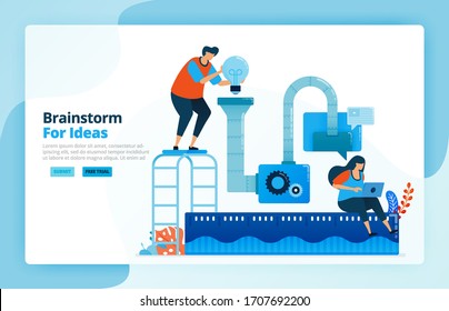 Vector illustration of activities from problem solving process and research idea with brainstorming. Teamwork collaboration, machines and discussions. Designed for landing pages, web, mobile apps