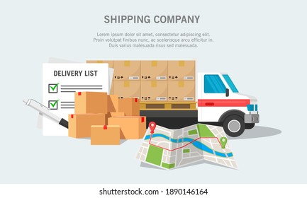 Vector illustration of an activity delivering goods by truck. Suitable for design element of shipping company banner, delivery service web background. Truck illustration, map, and shipping boxes.