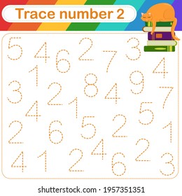 Vector Illustration of activity page for handwriting practice. Learning numbers for kids.Trace number design for learning handwriting. 