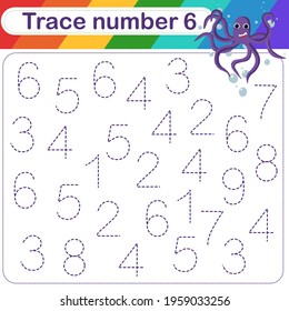 Vector Illustration of activity page for handwriting practice. Learning numbers for kids.Trace number design for learning handwriting