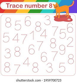 Vector Illustration of activity page for handwriting practice. Learning numbers for kids.Trace number design for learning handwriting