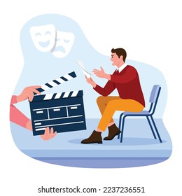 Vector illustration of actors. Cartoon scene with the guy is training the script and getting ready to shoot the movie on white background.