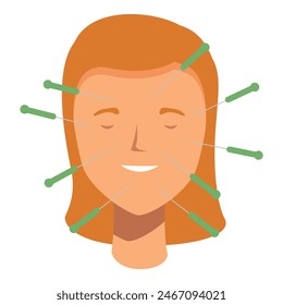 Vector illustration of acupuncture face model with needles for alternative medicine therapy and relaxation. Promoting holistic treatment and natural skincare