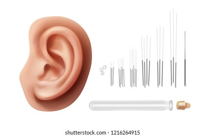 Vector illustration of acupuncture needles with glass bottle and model of human ear isolated on white background