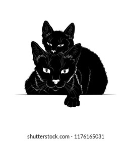 Vector illustration. Ad space. Black silhouette of a cat with a kitten.EPS 8