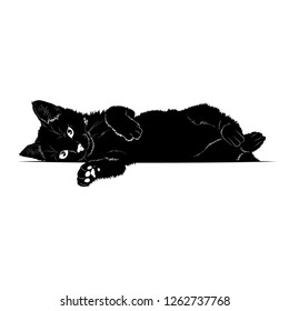Vector illustration. Ad space. Black silhouette of a recumbent cat.EPS 8