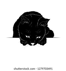 Vector illustration. Ad space. Black silhouette of a recumbent cat.EPS 8