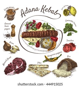 Vektorgrafik von Adana Kebab Zutaten. handgezeichnet bunte Illustration auf weißem Hintergrund